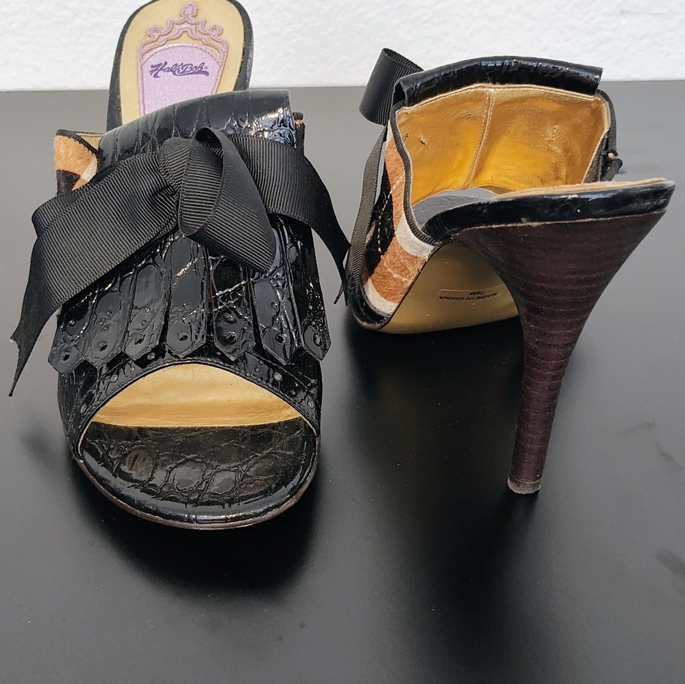 Hale'Bob Mules with patent leather details a cloth ribbon and faux fur plaid